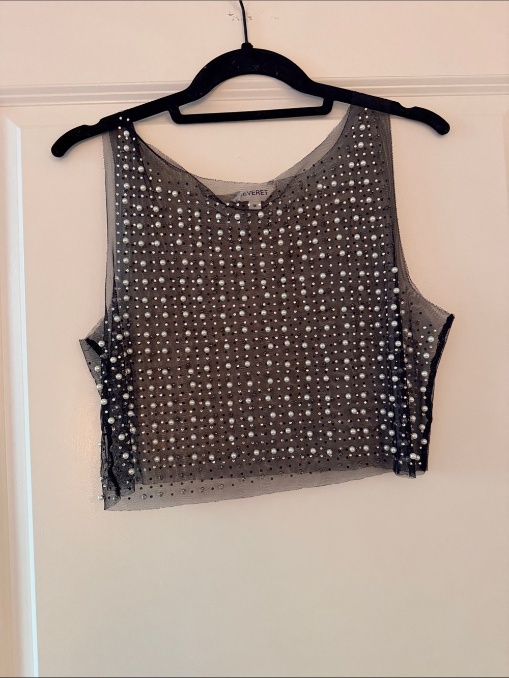 Veveret Black Pearl-Studded Mesh Crop Top